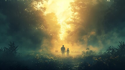 Family walking through a peaceful forest trail during a foggy morning