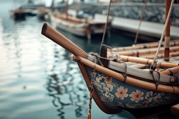 Obraz premium A traditional wooden boat finely crafted, rests gently on calm waters, evoking nostalgia and the timeless beauty of serene maritime life.
