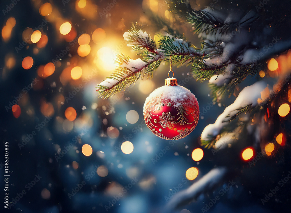 Poster A red, snow-dusted Christmas ornament hangs from a pine branch, illuminated by warm, bokeh lights against a softly falling snow.  Winter magic.