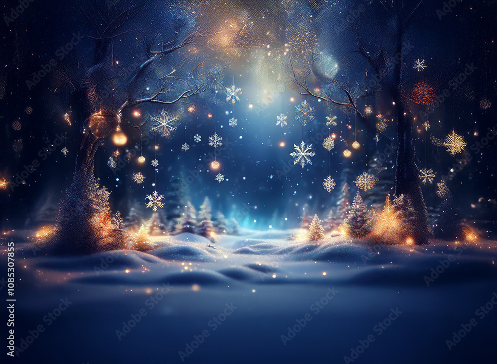 Poster enchanted winter forest scene. snow falls softly on a path illuminated by glowing lanterns hanging f