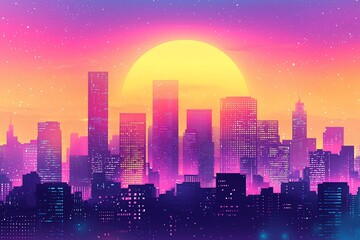 Naklejka premium Vibrant Sunset Over a City Skyline: A Neon Dreamscape