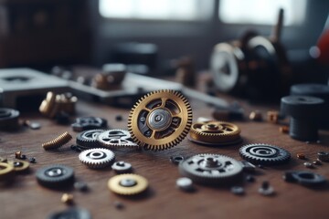 A complex array of gears and cogs lie scattered on a rustic workbench, embodying intricate engineering and mechanical precision.