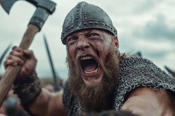 Fierce Viking warrior in battle attire, with a beard and helmet, ready to charge, exuding intensity and fierce determination.
