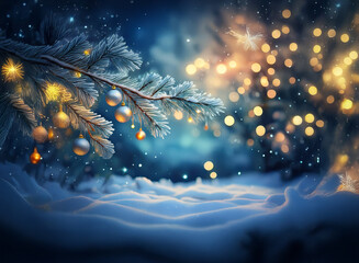 A snow-covered winter scene, adorned with a glistening evergreen branch bearing elegant ornaments and warm fairy lights.  The magical ambiance is enhanced by a softly falling snow.