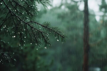 Obraz premium Raindrops cling to pine needles during a gentle shower in a forest, capturing refreshing tranquility in nature.