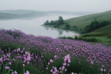 Fototapeta premium A serene lavender field stretches toward a misty lake, evoking tranquility at dawn in the countryside.