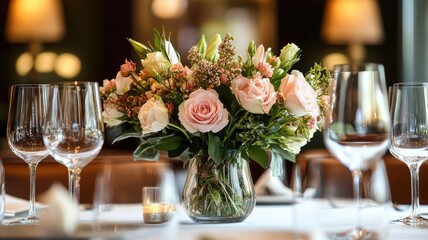 Obraz premium Elegant floral arrangement with roses, and delicate greenery in glass vase on set dining table