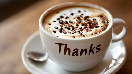 Cup of frothy coffee with chocolate and "Thanks" text
