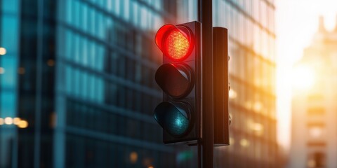 A close-up of traffic lights showing a bright red light