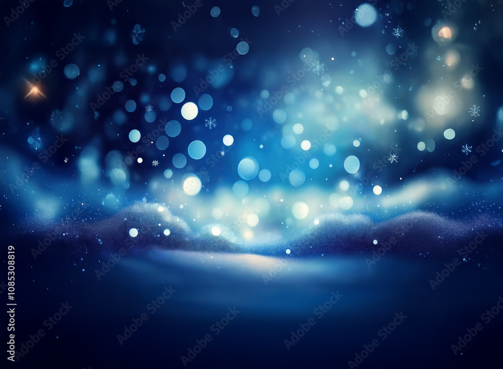 Poster magical winter scene. sparkling blue bokeh lights illuminate a snow-covered landscape, creating a dr