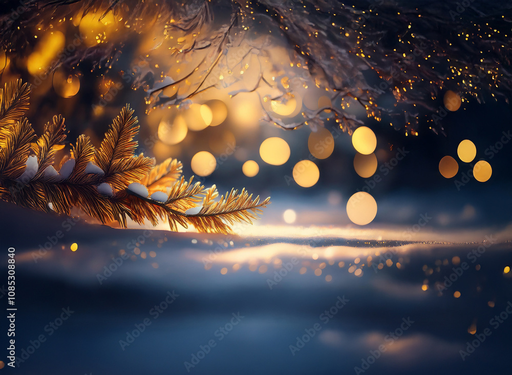 Aufkleber golden pine branch dusted with snow glows under a bokeh of warm lights. a magical winter scene.
