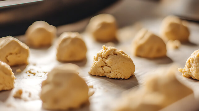 A close-up of cookie dough being shaped into balls and placed on a baking sheet lined with parchment paper 