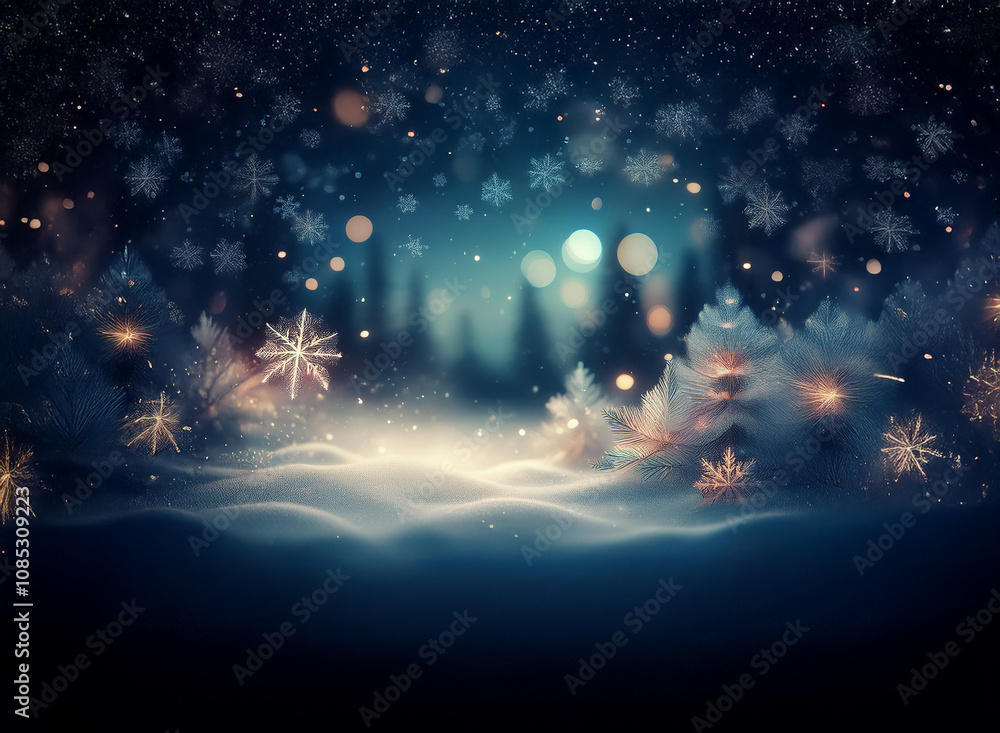 Poster magical winter scene. snowy landscape under a dark, starry night sky. glowing snowflakes and bokeh l