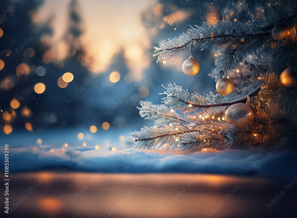 Aufkleber a frosty winter scene at sunset. a snow-covered evergreen branch adorned with shimmering ornaments a