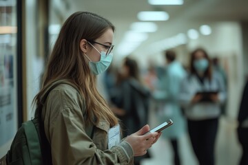 A young woman stands in a busy hallway, intently looking at her smartphone. Her mask and glasses suggest a modern, cautious, and focused lifestyle.