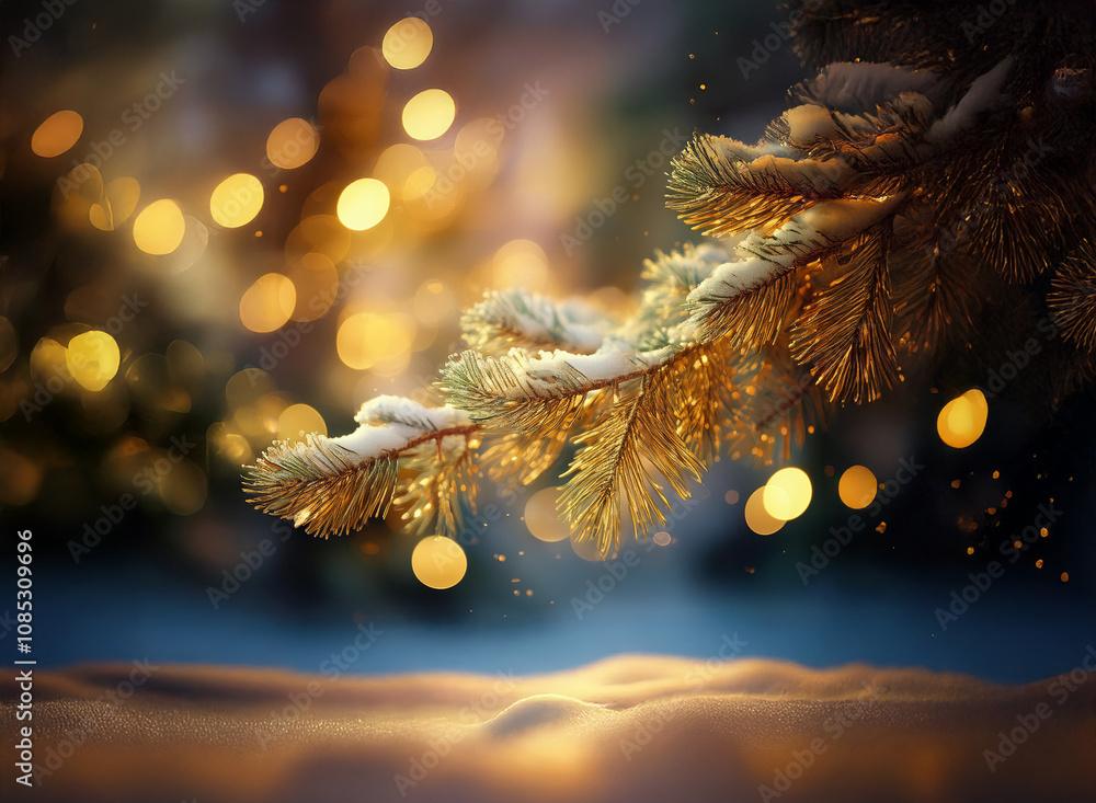 Aufkleber a snow-covered pine branch draped with warm, golden light against a bokeh background of sparkling li