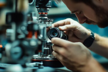 A focused individual meticulously inspects a camera lens amidst an array of sophisticated equipment, capturing a moment of precision and concentration.