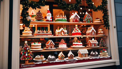 Festive Christmas gingerbread houses and cakes displayed in a shop window.