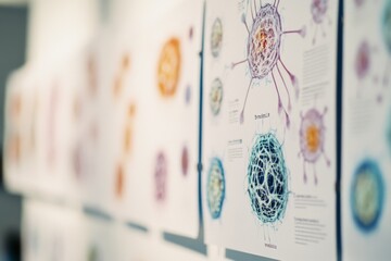 An array of scientific posters showcasing detailed microbial structures adorns a sleek and modern wall.