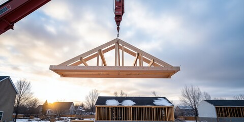 A shot of a crane lifting roof trusses into place on a nearly completed house
