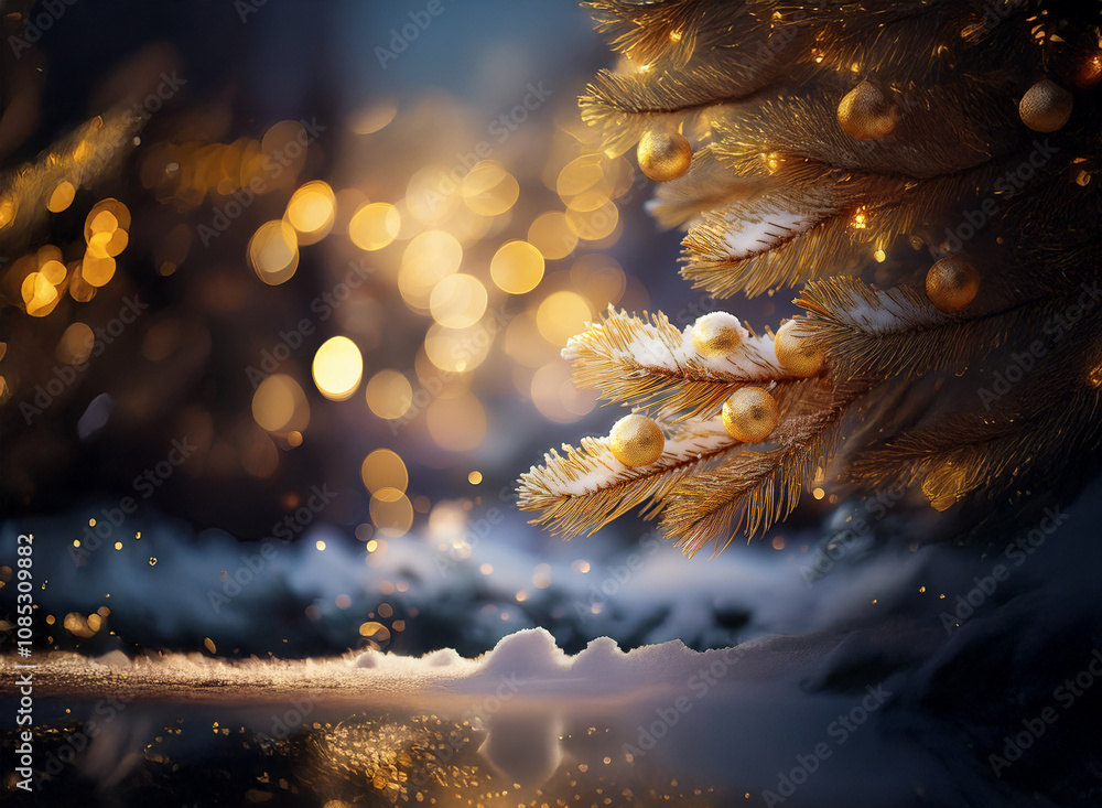 Poster a snow-dusted golden christmas tree branch glows with warm lights against a dark, bokeh-filled winte