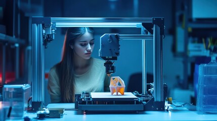 Woman Observing 3D Printing Process