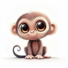Obraz premium Adorable baby monkey with big expressive eyes sitting against a white background. Perfect for playful or children-focused creative projects with copy space.
