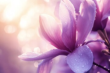 Naklejka premium Light purple magnolia flowers are blooming in spring garden with water droplets on petals and soft sunset light creating beautiful bokeh in the background