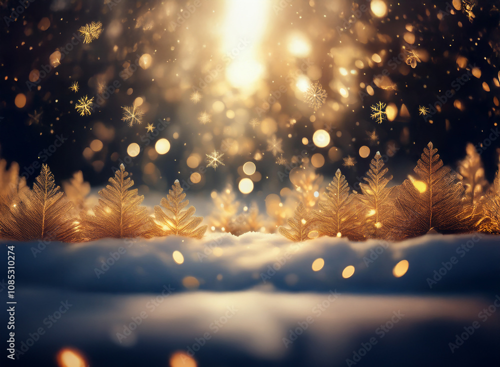 Poster golden snowflakes and sparkling lights illuminate a snowy winter scene. a magical, festive atmospher