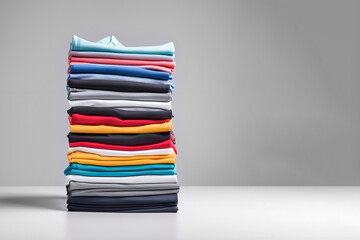 A stack of folded soft, smooth clothes. Multi-colored T-shirts on a light background with space for text. Concept of diversity in the world, lifestyle, order in the house, minimalism.