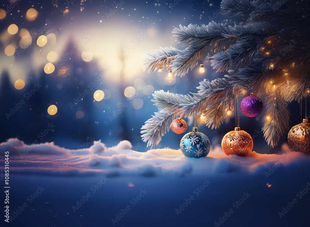 Poster a snow-covered winter scene with a frosted pine branch adorned with colorful ornaments and warm fair