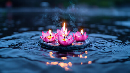 Beautifully crafted krathong with pink lotus flowers floating on water, creating serene atmosphere