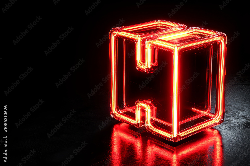Poster glowing red neon cube with modern design on dark background