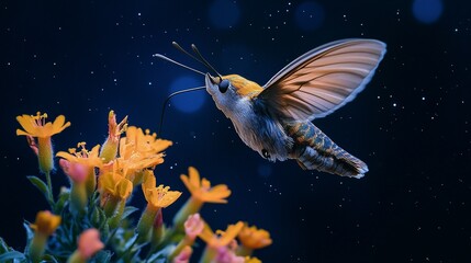 Hummingbird Moth Near Night-Blooming Flowers Under Moonlight