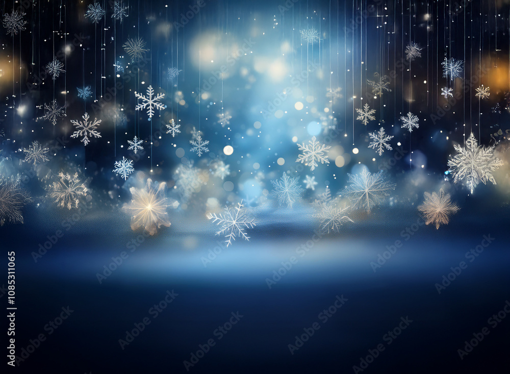 Aufkleber magical winter scene: glimmering snowflakes fall against a deep blue backdrop, illuminated by soft l