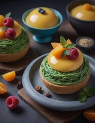 fruit dessert on a served table healthy eating , realistic illustration
