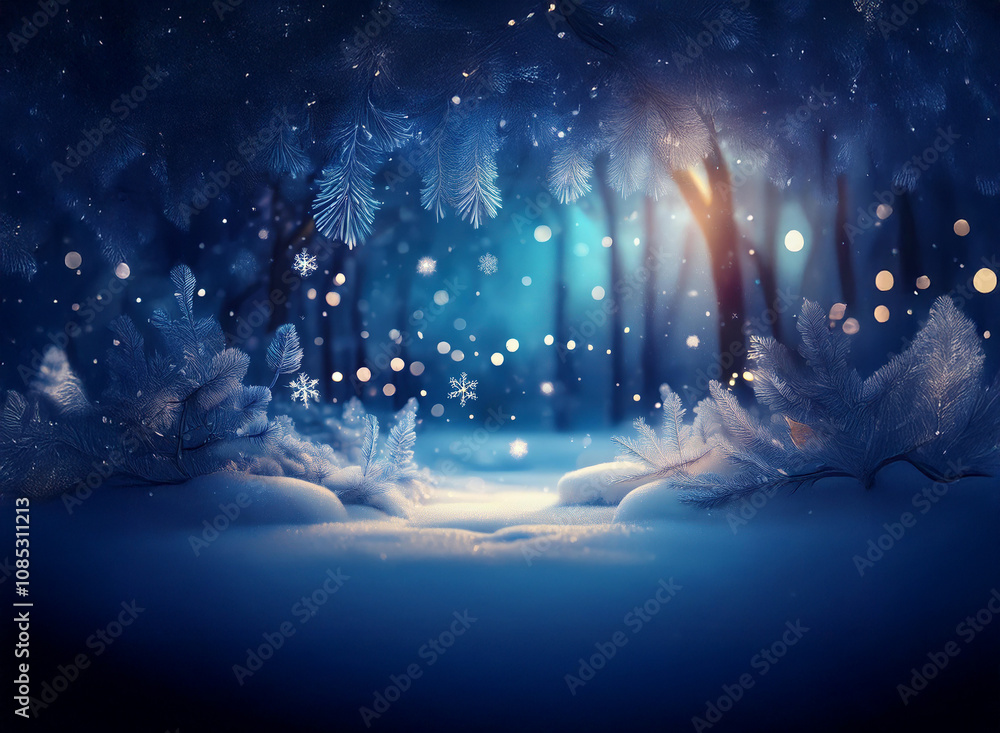 Poster magical winter scene. snow-covered forest path glows under a twilight sky. falling snow creates a dr