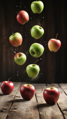 Apples on a wooden shelf and flying. Fruits of three colors: red, green and yellow with leaves.  Vertical illustration with space for text.