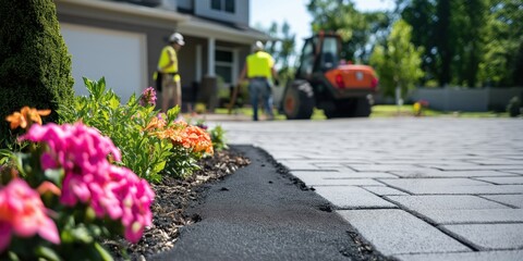 A shot of workers laying down a new driveway and landscaping the front yards of a new housing estate