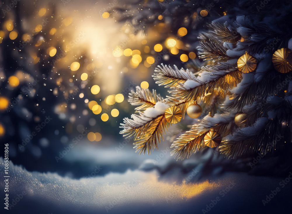Aufkleber a snow-covered evergreen branch adorned with gold ornaments glows softly under a warm winter light. 