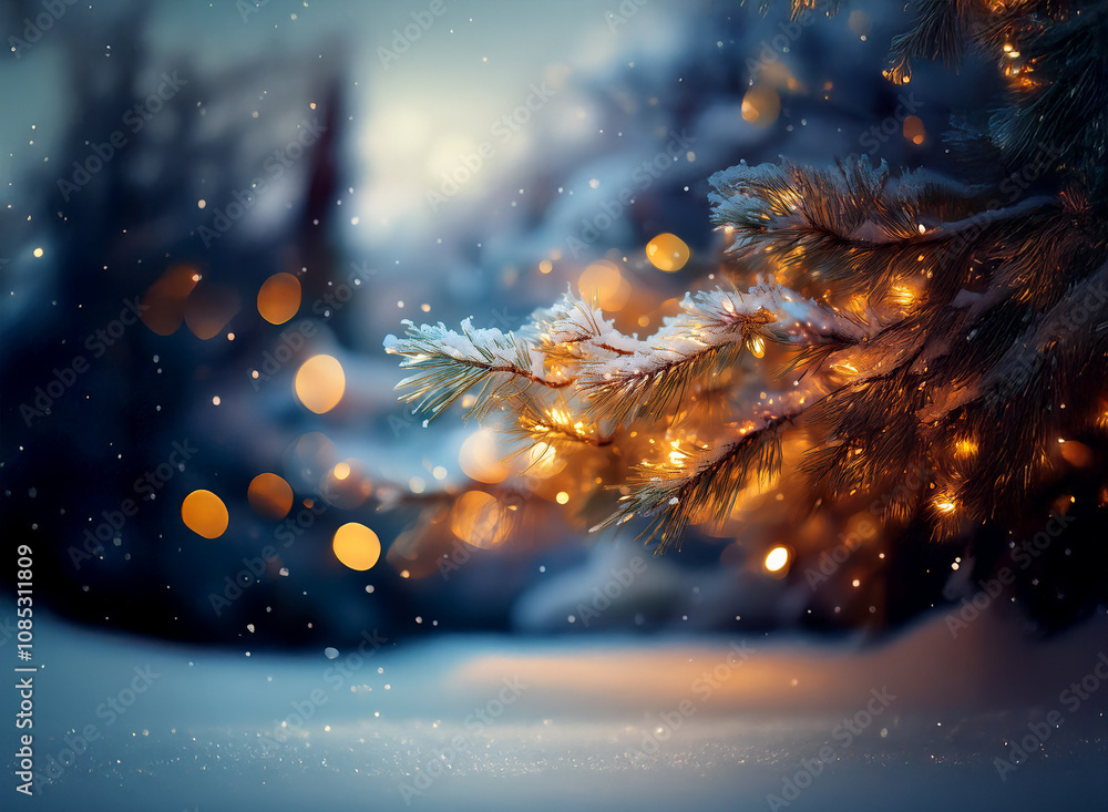 Poster a snow-covered evergreen branch adorned with warm, golden lights. soft snowfall adds to the enchanti