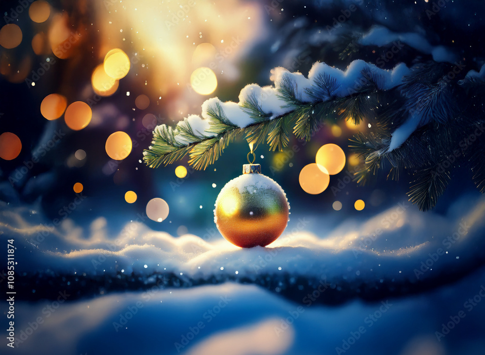 Poster a golden ornament rests on a snow-covered branch, bathed in the warm glow of a winter sunset. soft b