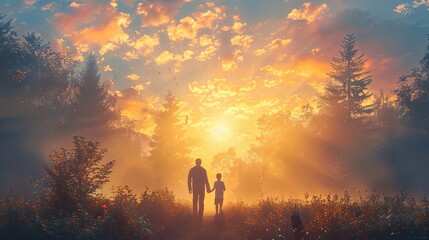 Family walking through a peaceful forest trail during a foggy morning