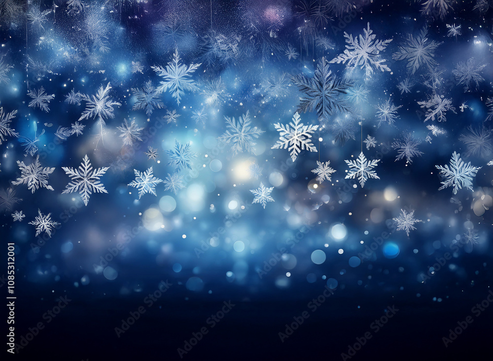 Poster a mesmerizing winter scene with many detailed snowflakes falling against a dark blue background, ill