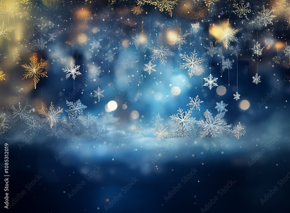 Poster magical winter scene with sparkling snowflakes and shimmering lights, creating a dreamy, festive atm