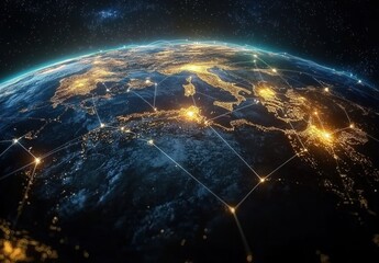 Obraz premium Stunning Aerial View of Earth at Night Showing Europe with Luminous Cities and Network Connections, Symbolizing Global Connectivity and Technological Advancement