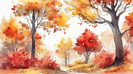 Watercolor Illustration. Autumn Forest. Abstract Painting Red Yellow Trees. Colorful Background for Nature Art.