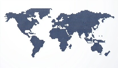 Abstract representation of a world map created with hexagonal patterns in dark blue color on a light background, ideal for global connections, travels, and geography themes.