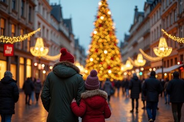 Obraz premium Welsh Family Admiring Grand Christmas Tree in Bustling Downtown