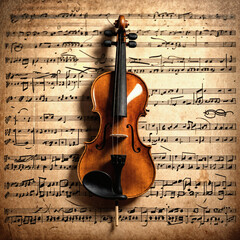 Fototapeta premium A beautifully crafted violin rests gracefully on aged sheet music, creating a nostalgic composition where warm wooden tones meet yellowed manuscript, telling stories of centuries of musical artistry.